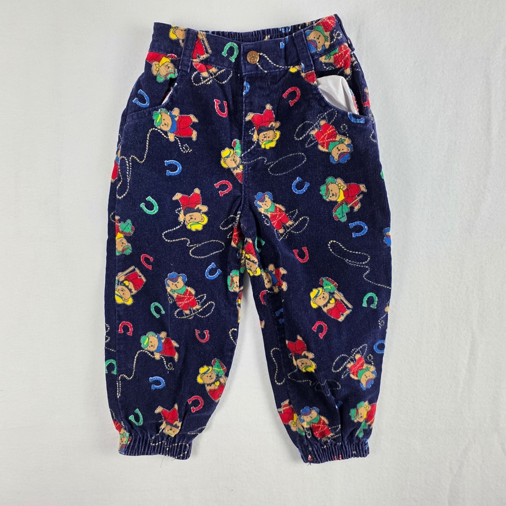 Vintage OshKosh Bgosh 4T Navy Corduroy Cowboy Bear Horseshoe Jogger Pants USA